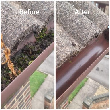 Gutter before and after cleaning, showing moss removal and improved drainage.